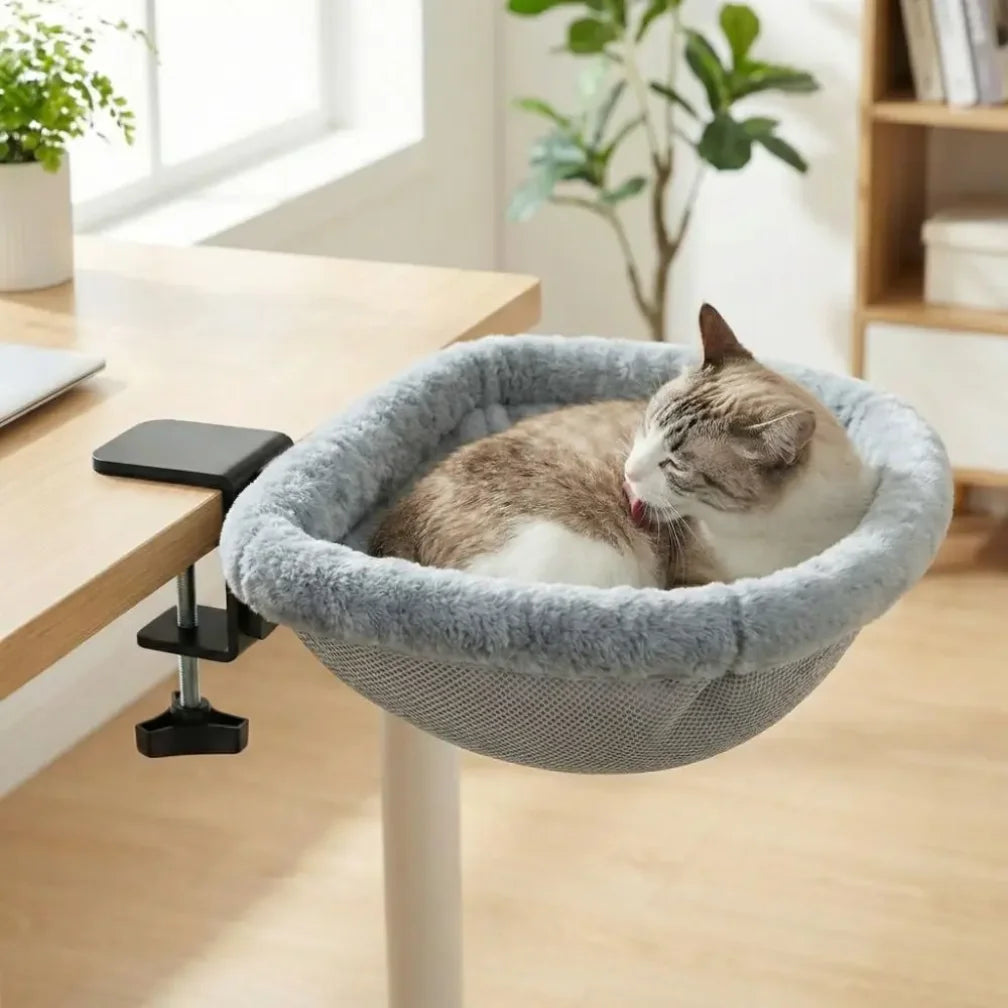 Semi-Circular Desk Cat Hammock – Space-Saving Clamp-On Cat Bed for Home Office
