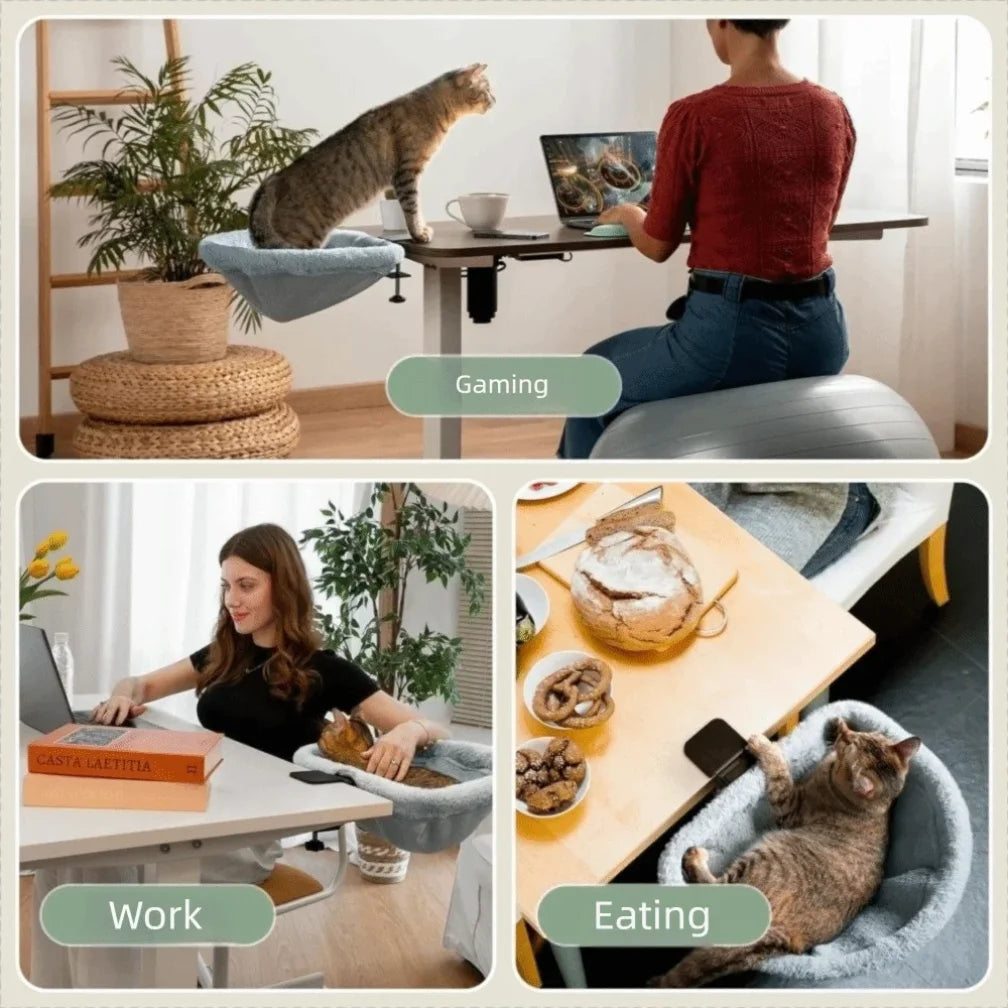 Semi-Circular Desk Cat Hammock – Space-Saving Clamp-On Cat Bed for Home Office