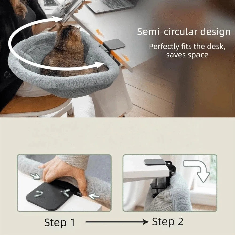 Semi-Circular Desk Cat Hammock – Space-Saving Clamp-On Cat Bed for Home Office