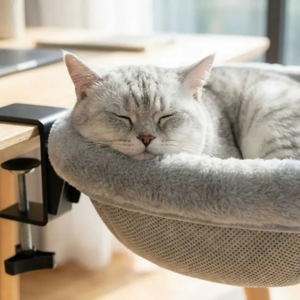 Semi-Circular Desk Cat Hammock – Space-Saving Clamp-On Cat Bed for Home Office