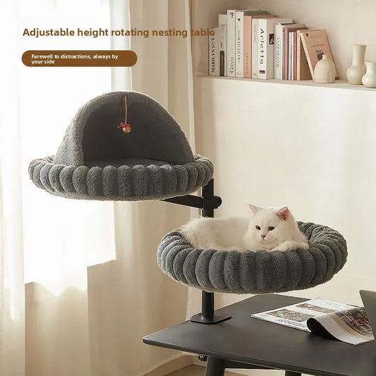 Double Cat Desk Bed – Adjustable Height Soft Round Cat Nest for Two Cats