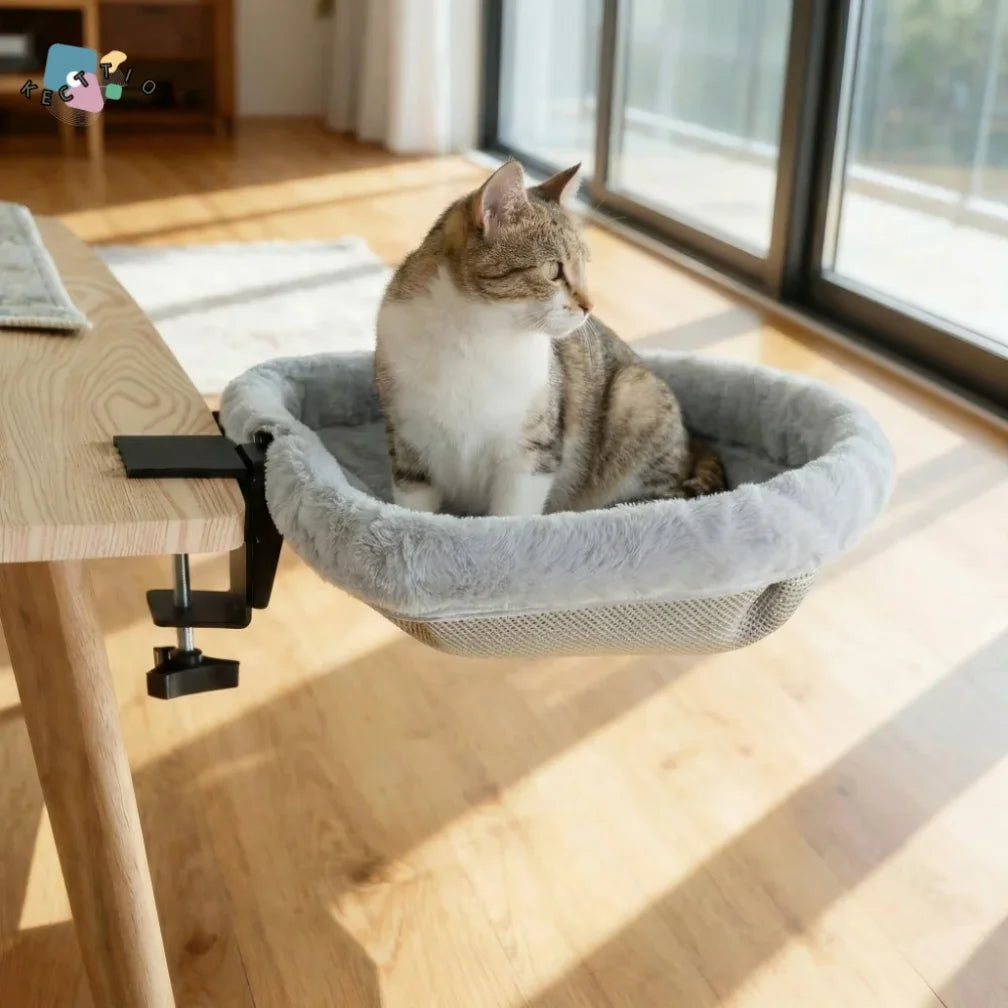 Semi-Circular Desk Cat Hammock – Space-Saving Clamp-On Cat Bed for Home Office
