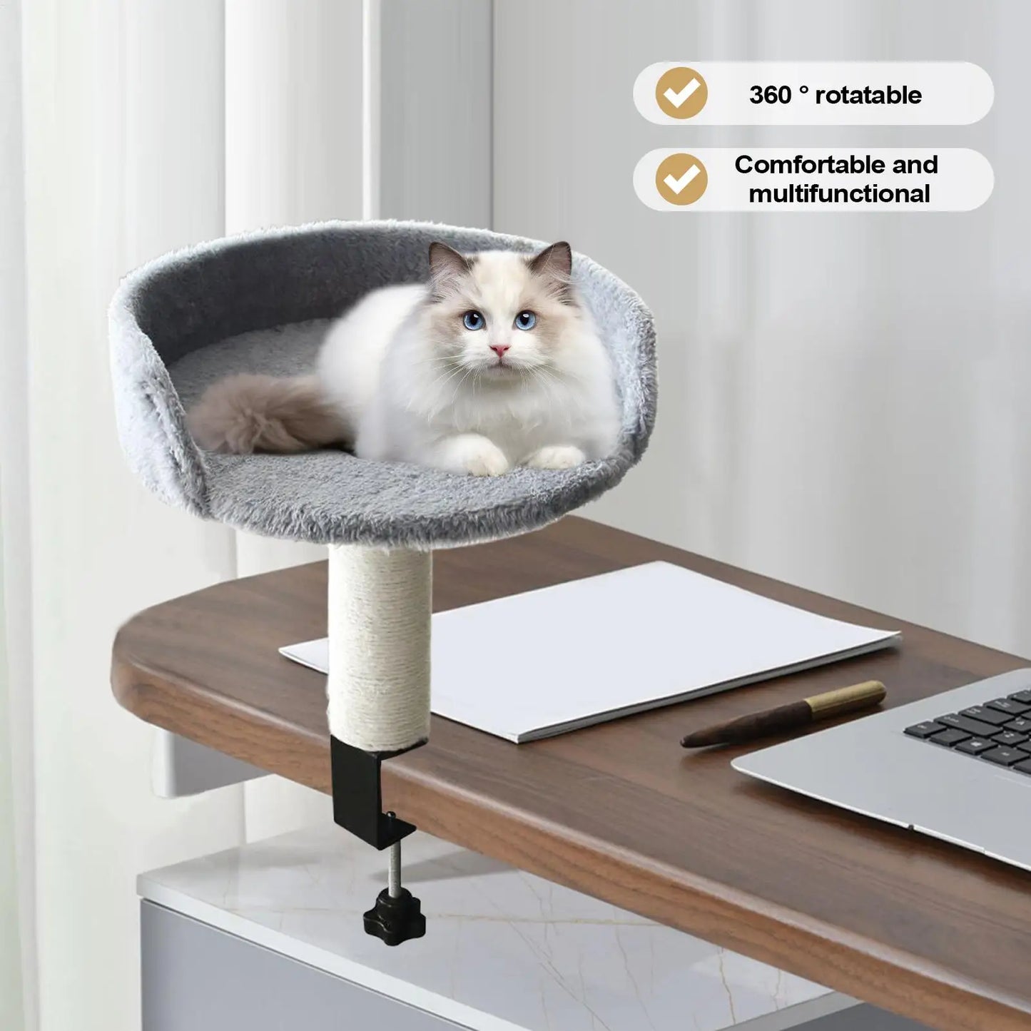 Adjustable Rotating Desk Cat Perch – Space-Saving Clamp-On Cat Hammock Bed